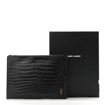 Saint Laurent Calfskin Crocodile Embossed Tiny Monogram Zipped Tablet Holder Black 9 of 9