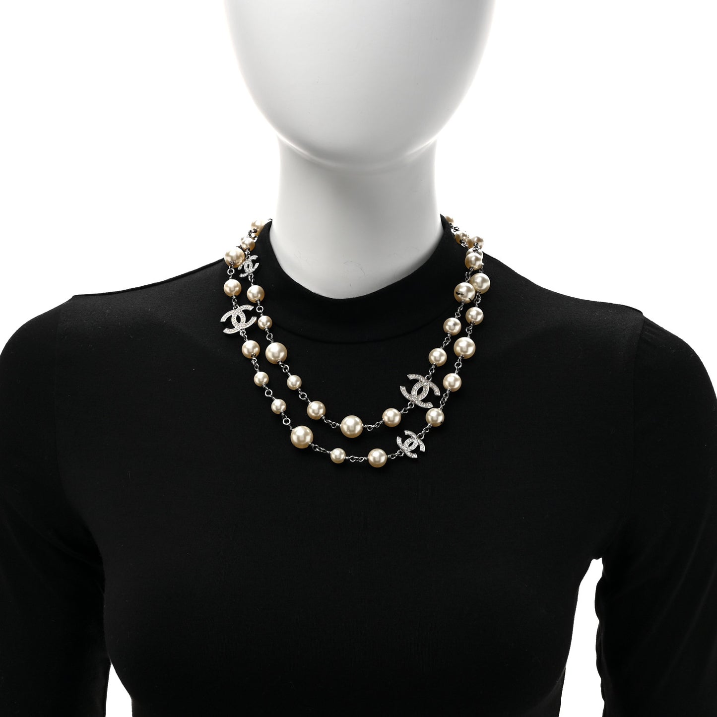Crystal Pearl CC Long Necklace Silver