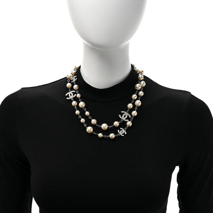 Chanel Crystal Pearl CC Long Necklace Silver 2 of 7