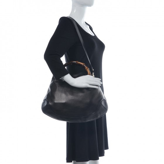 Calfskin Medium Peggy Bamboo Handle Hobo Black