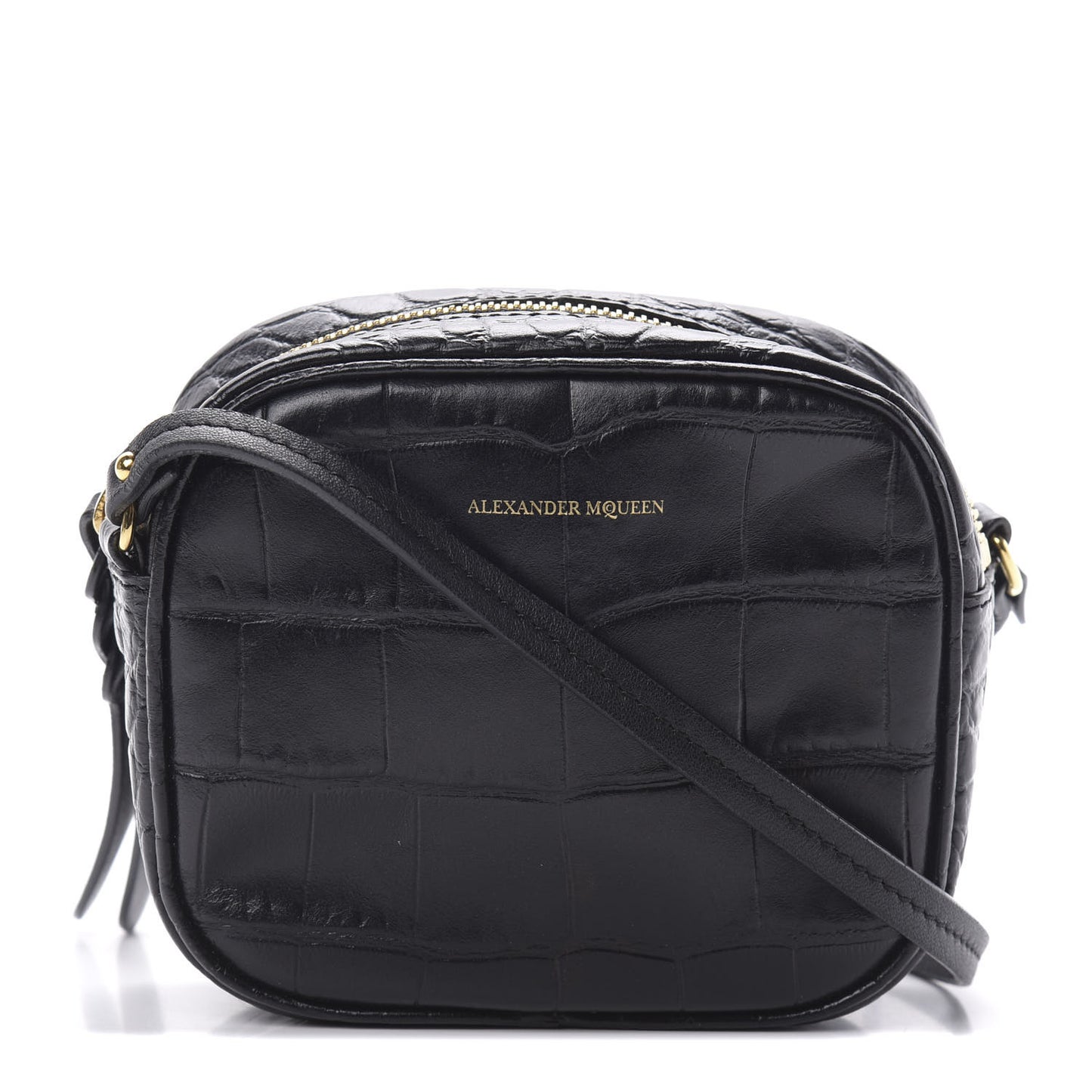 Calfskin Crocodile Embossed Camera Shoulder Bag Black
