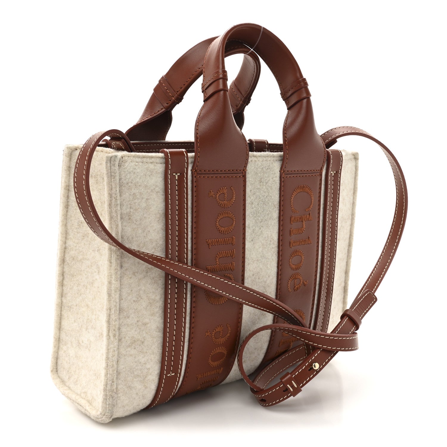 Chloe Felt Calfskin Small Woody Ribbon Tote With Strap Cement Beige 3 of 10
