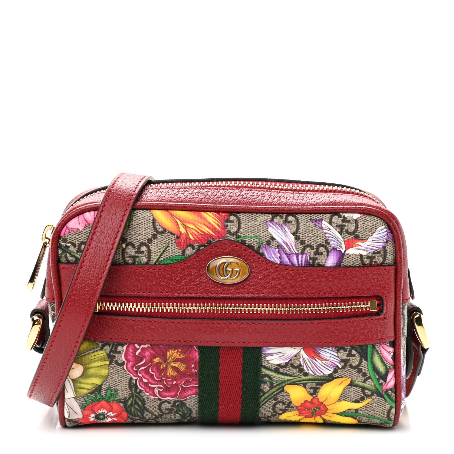 Gucci GG Supreme Monogram Flora Web Mini Ophidia Shoulder Bag Red 1 of 9
