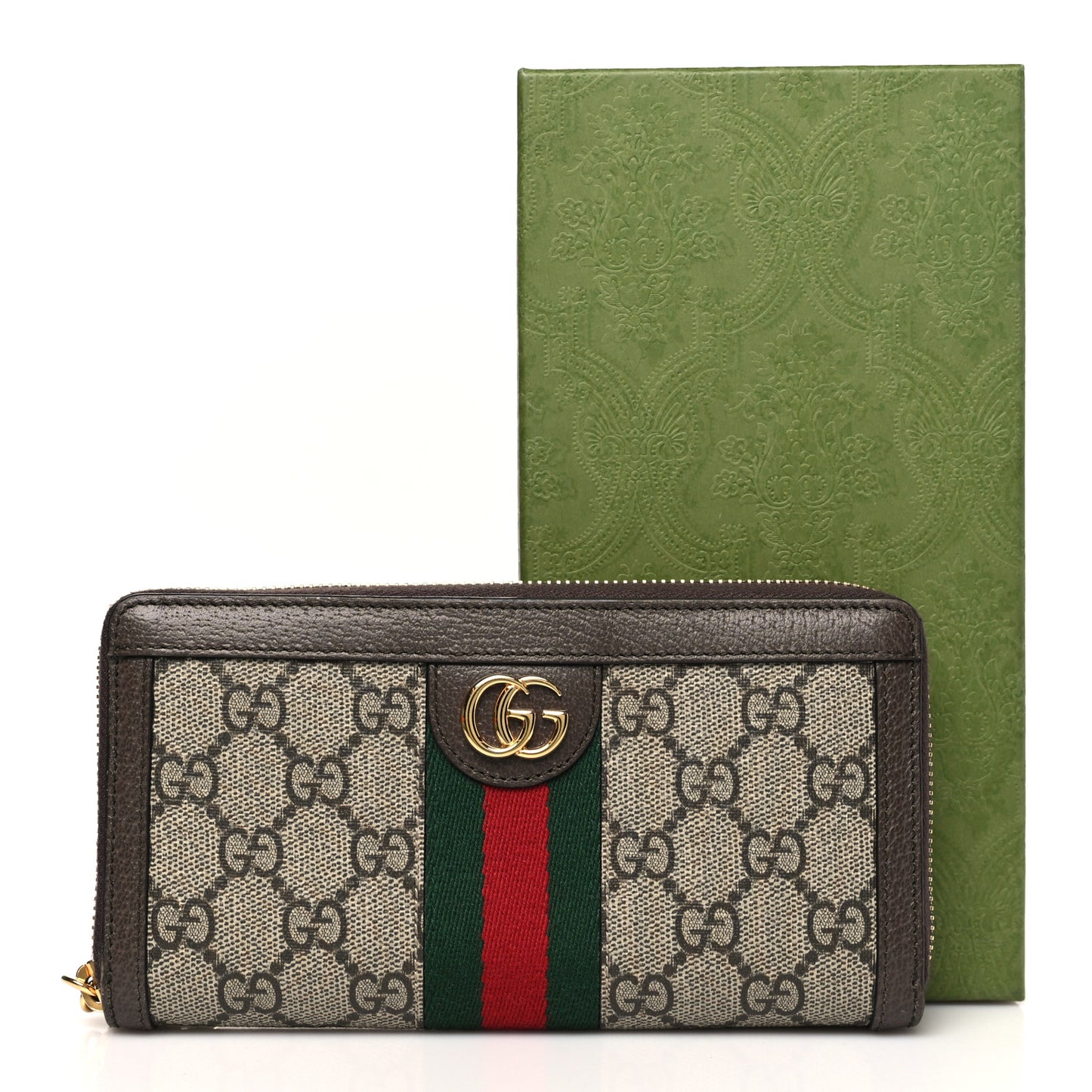 GG Supreme Monogram Web Ophidia Zip Around Wallet Brown