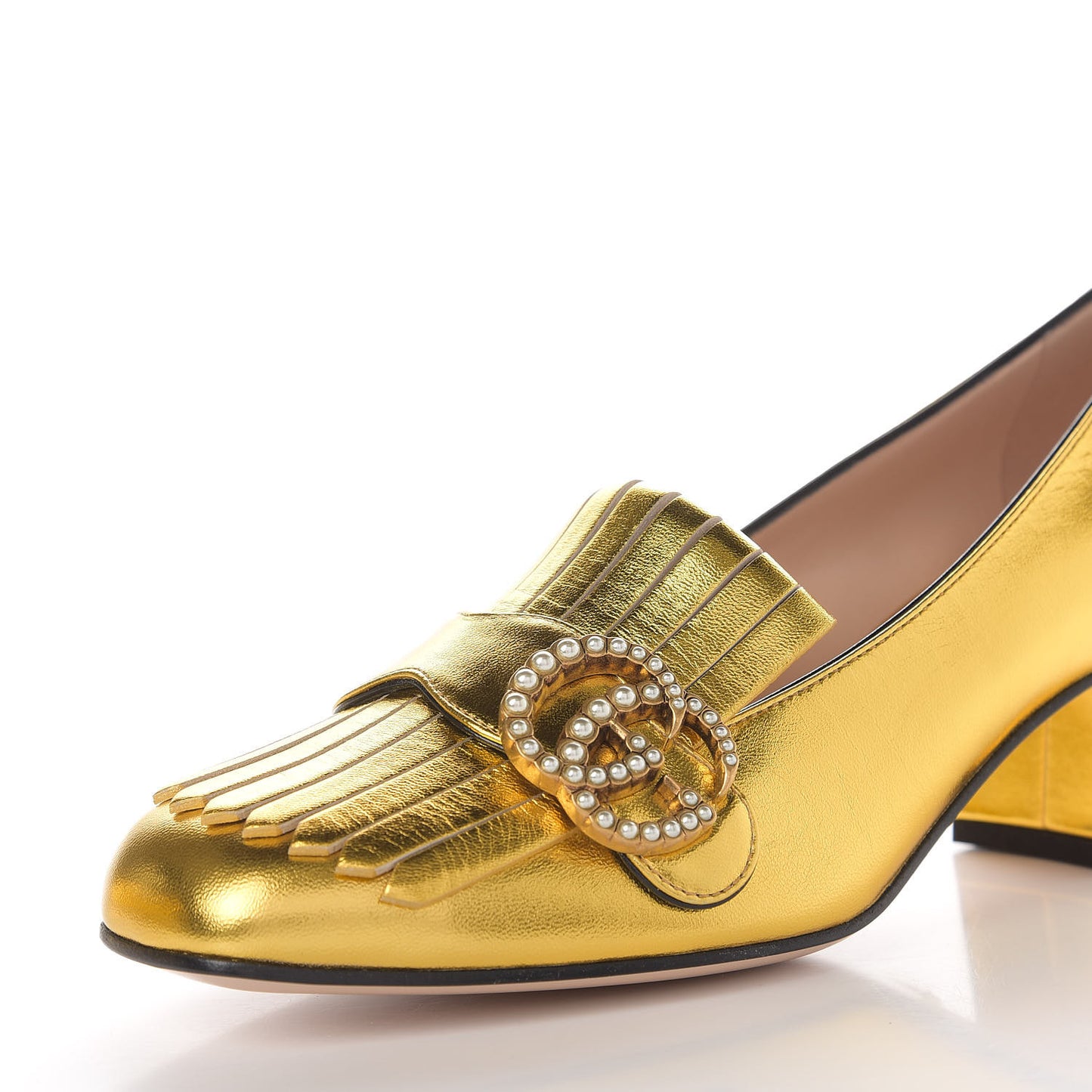 Metallic Nappa Pearly GG Marmont Fringe 50mm Loafer Pumps 37.5 Oro Vecchio