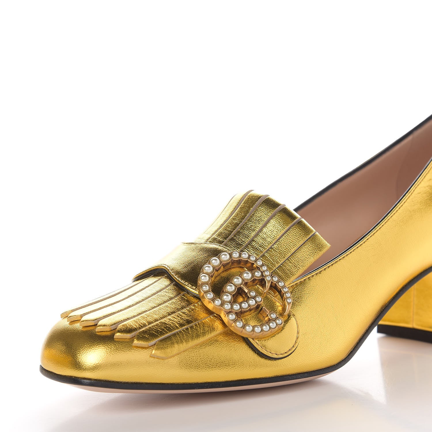 Gucci Metallic Nappa Pearly GG Marmont Fringe 50mm Loafer Pumps 37.5 Oro Vecchio 12 of 13