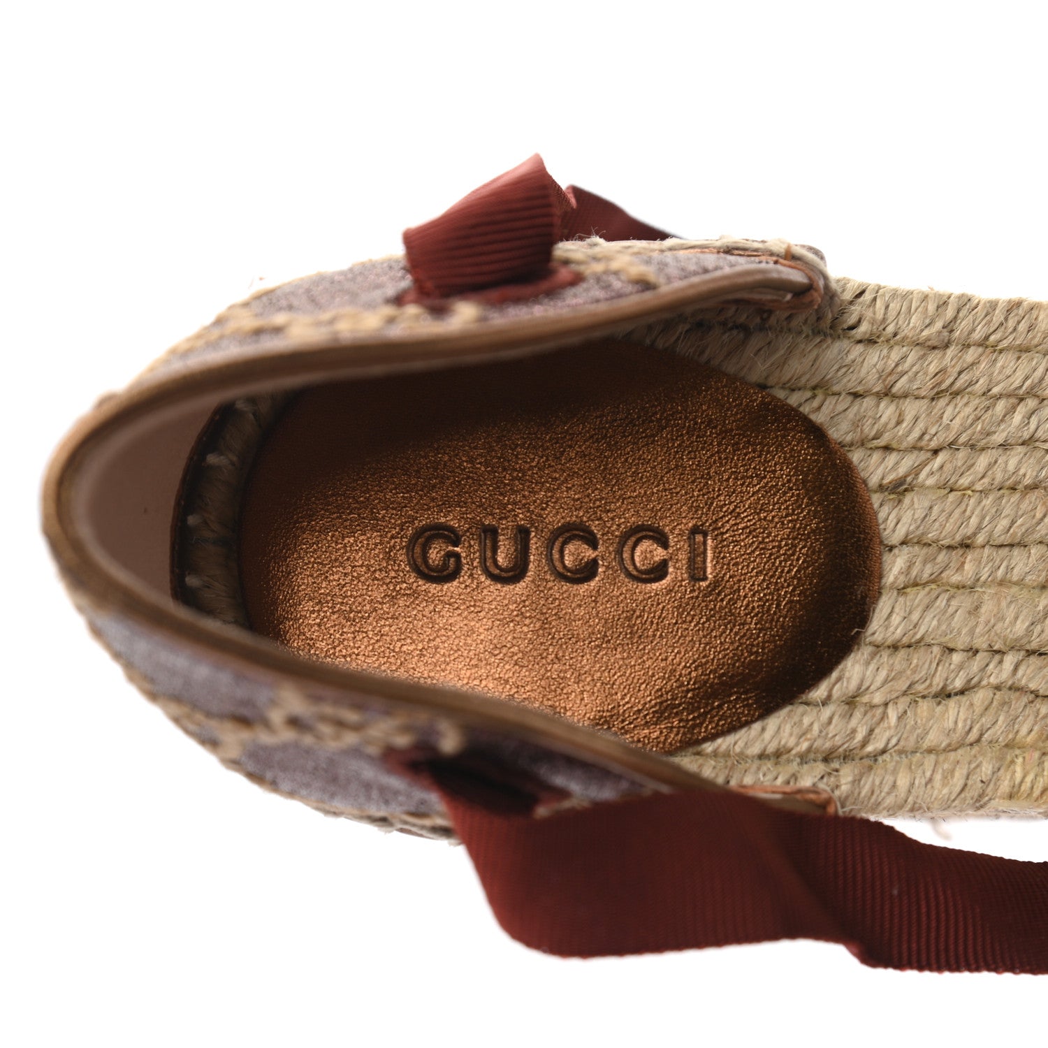 Gucci Lame GG Monogram Ankle Wrap Platform Espadrille Wedges 38 Beige Brown 7 of 10