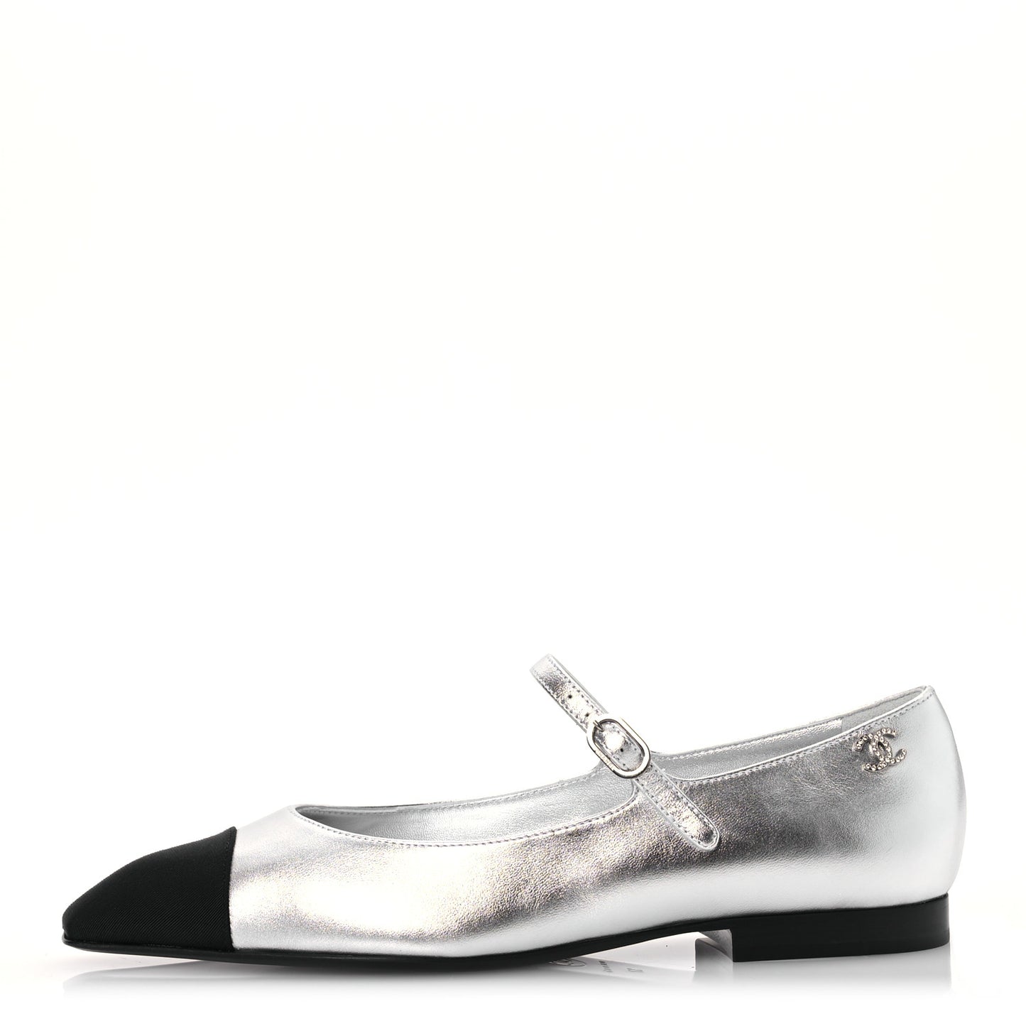Laminated Calfskin Grosgrain Mary Janes Flats 37 Silver Black