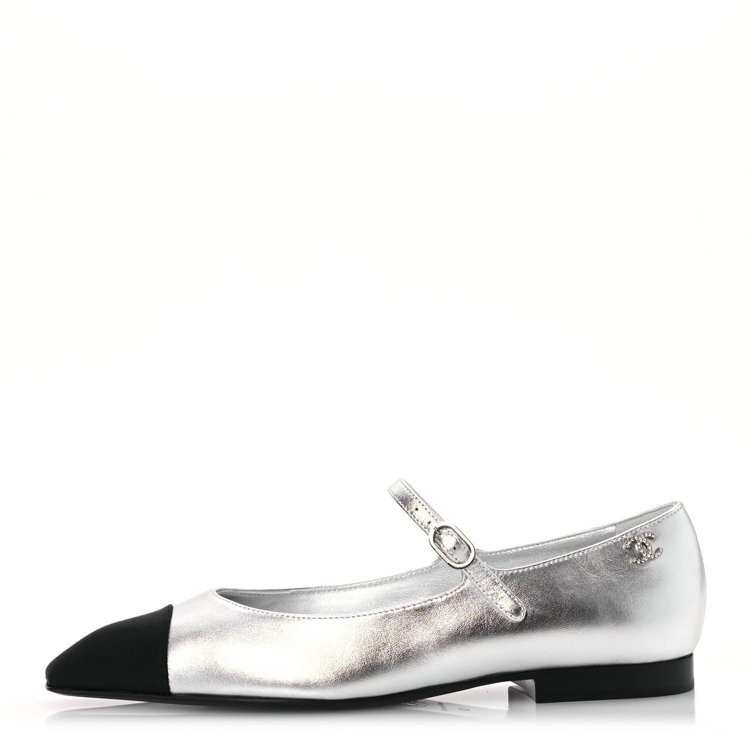 Chanel Laminated Calfskin Grosgrain Mary Janes Flats 37 Silver Black 1 of 12
