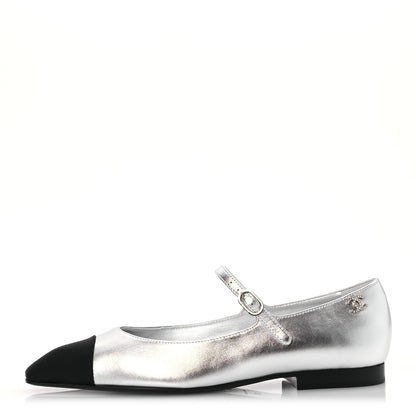 Chanel Laminated Calfskin Grosgrain Mary Janes Flats 37 Silver Black 1 of 12