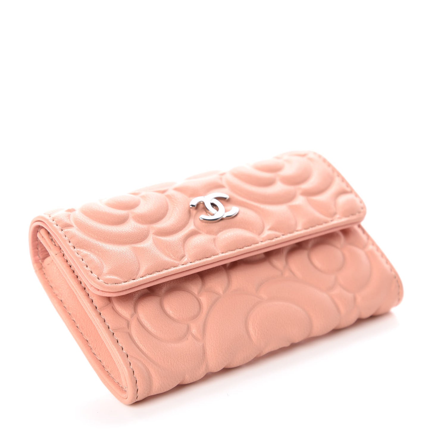 Goatskin Camellia Embossed Card Holder Wallet Light Pink