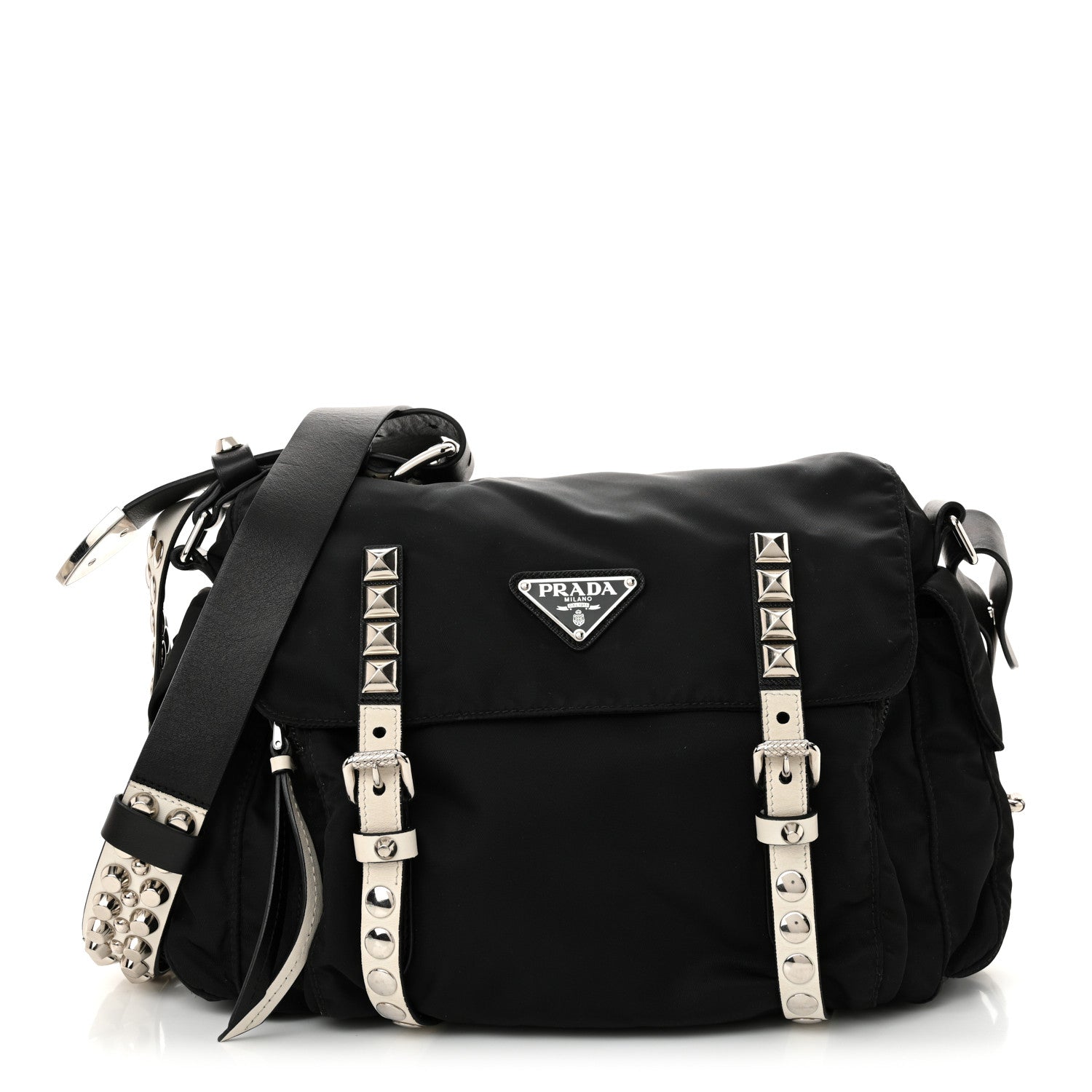 Prada Nylon New Vela Studded Messenger Black White 1 of 15