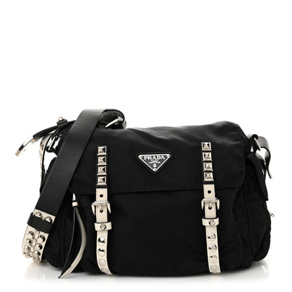 Prada Nylon New Vela Studded Messenger Black White 1 of 15