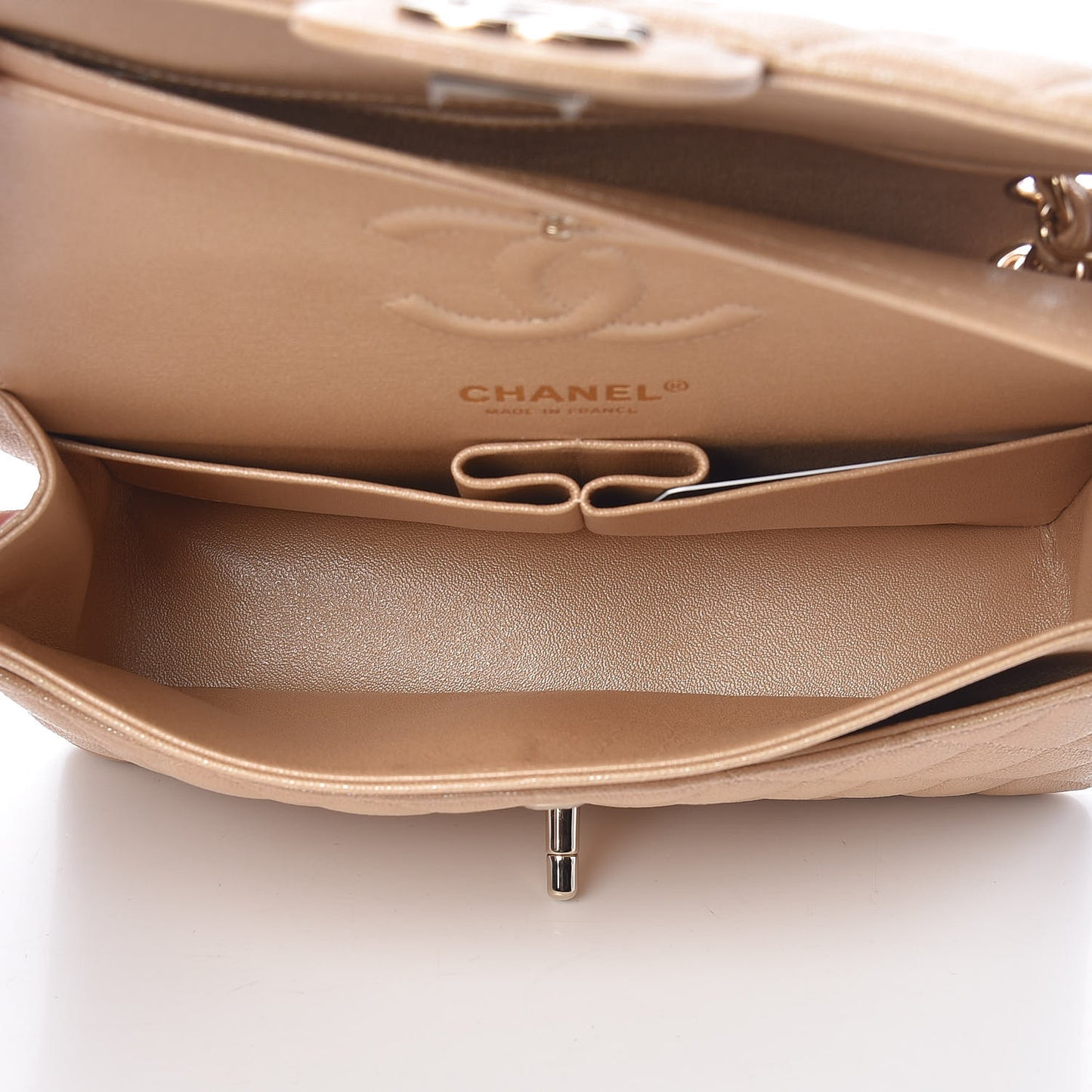 Iridescent Caviar Quilted Small Double Flap Beige