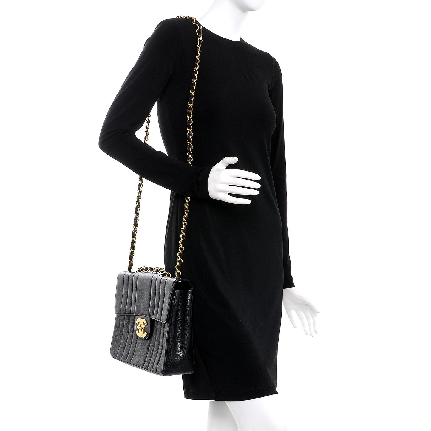 Caviar Vertical Quilted Jumbo Flap Black