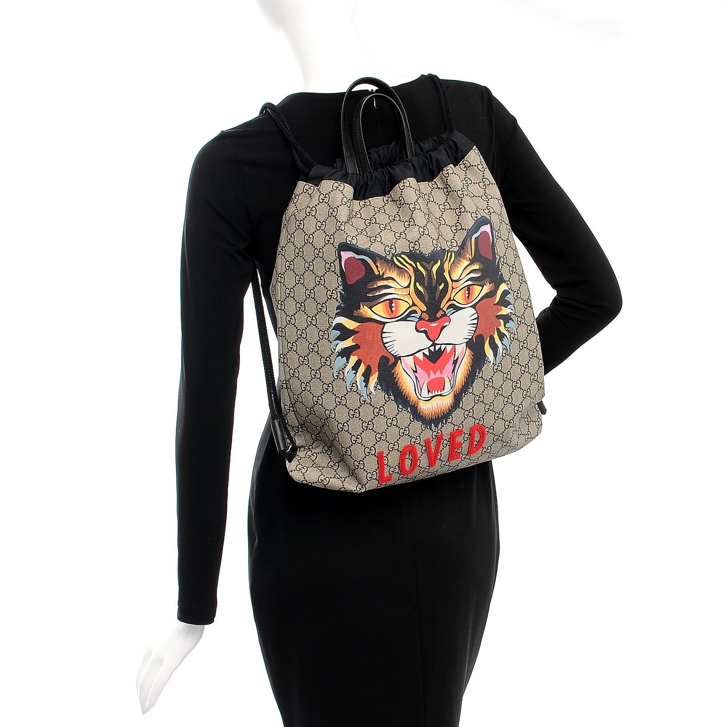 GG Supreme Monogram Angry Cat Drawstring Backpack