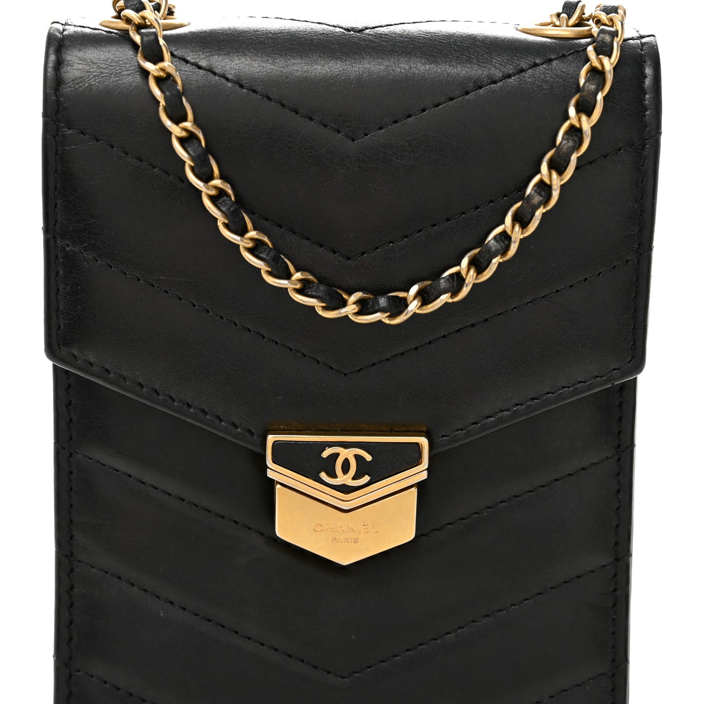 Calfskin Chevron Quilted Medal Mini Clutch With Chain  Black
