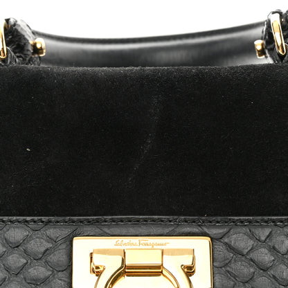 Salvatore Ferragamo Calfskin Suede Snakeskin Small Sofia Satchel Black Burgundy 17 of 22