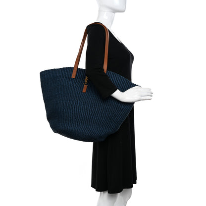 Saint Laurent Raffia Calfskin Medium Panier Tote Blue Blue 2 of 11