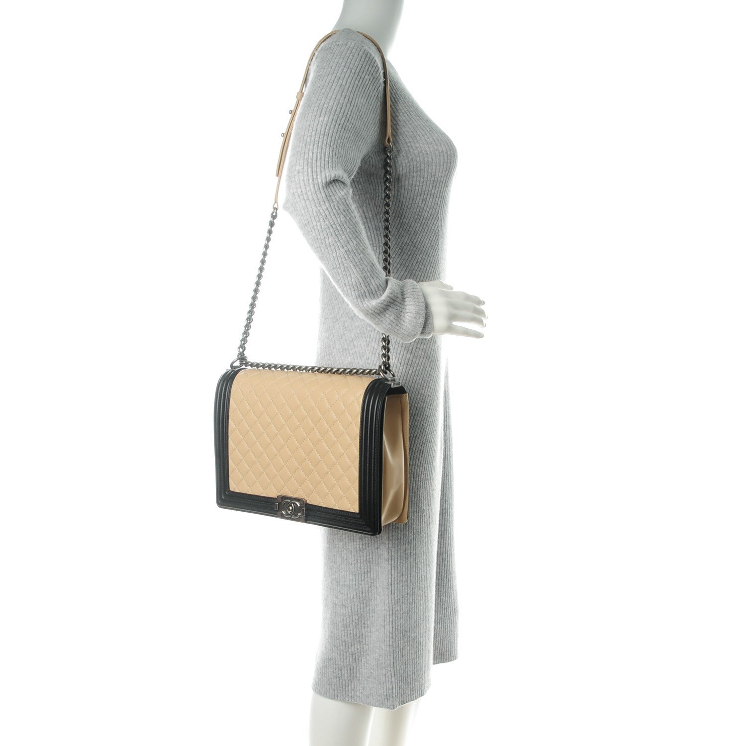 Chanel Lambskin Quilted Large Boy Flap Beige Black 2 of 8