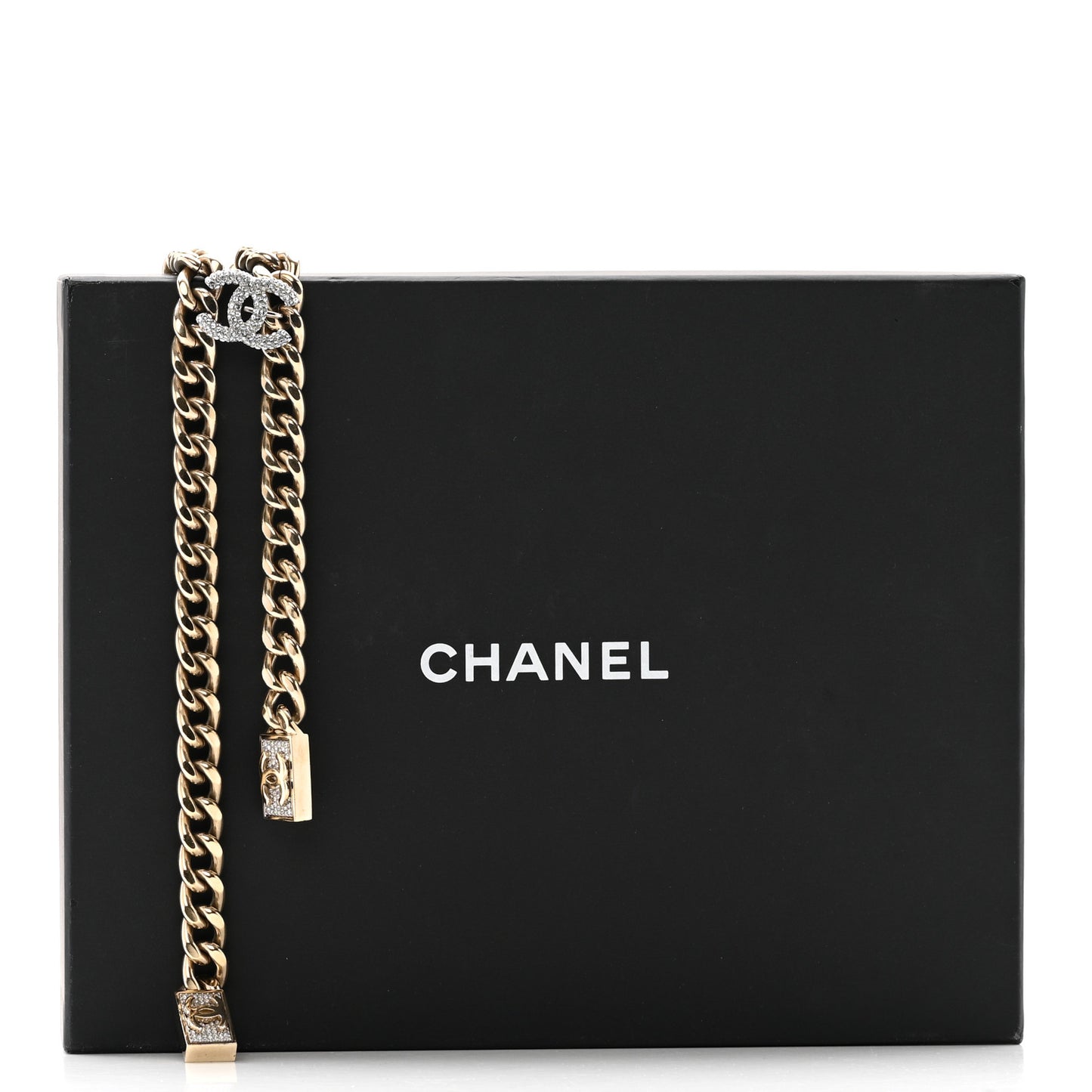 Chain Link Crystal CC Dog Tag Charm Necklace Gold