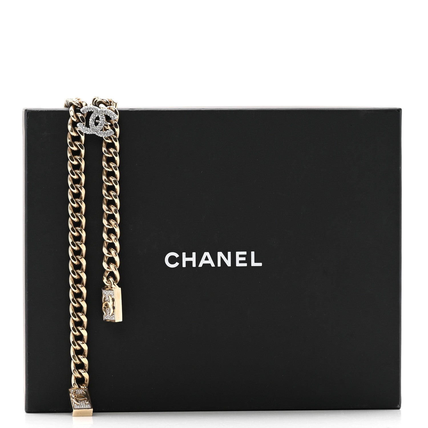 Chanel Chain Link Crystal CC Dog Tag Charm Necklace Gold 8 of 8