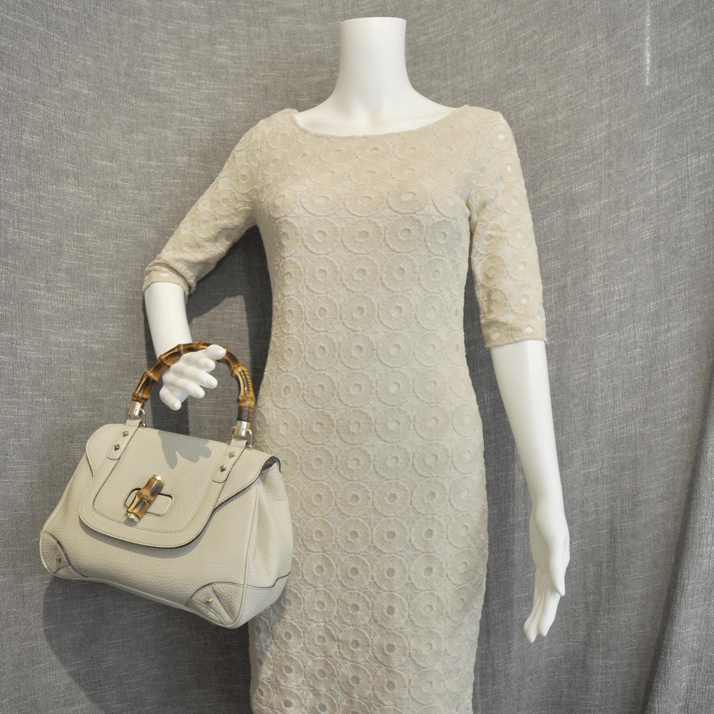 Leather Bamboo Top Handle Bag Ivory