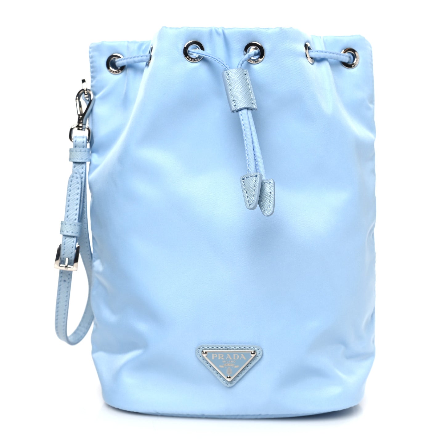 Re-Nylon Saffiano Vela Bucket Wristlet Celeste