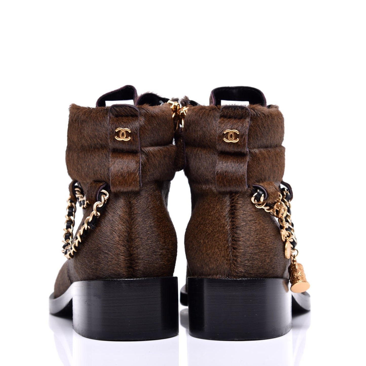 Calfskin Pony Hair CC Charm Chain Cap Toe Short Boots 37 Brown Black