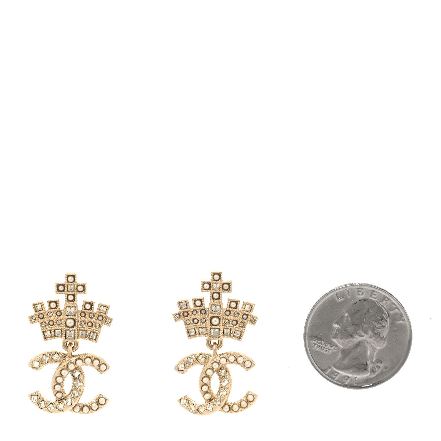 Chanel Crystal CC Crown Drop Earrings Gold 2 of 5
