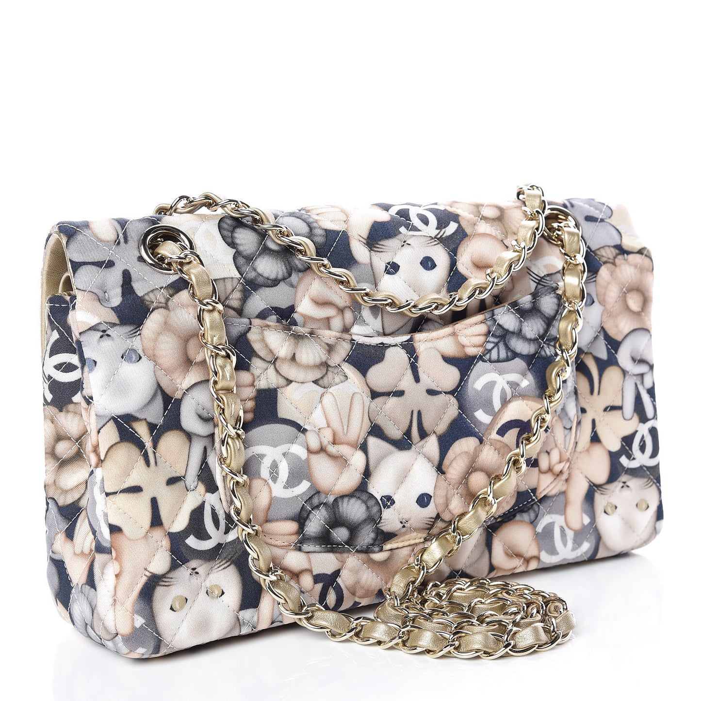 Nylon Quilted Medium Cat Emoticon Double Flap Navy Gold