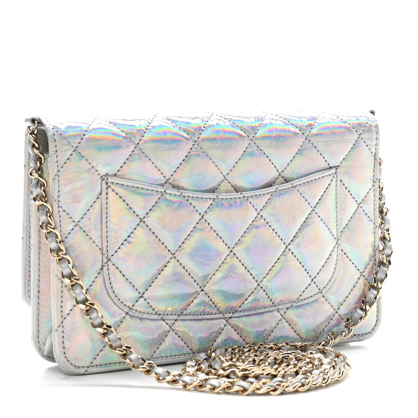 Iridescent Goatskin Quilted Wallet On Chain WOC Silver