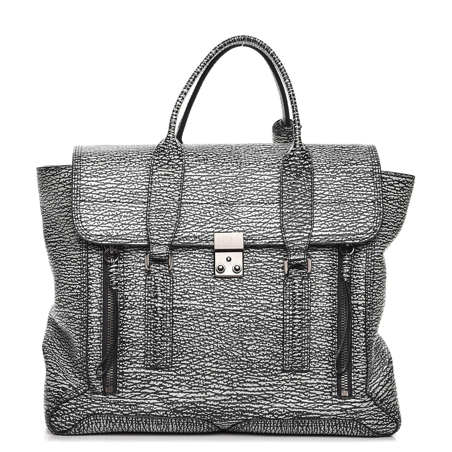 3.1 Phillip Lim 3.1 Textured Calfskin Large Pashli Satchel Black Cream 1 of 8
