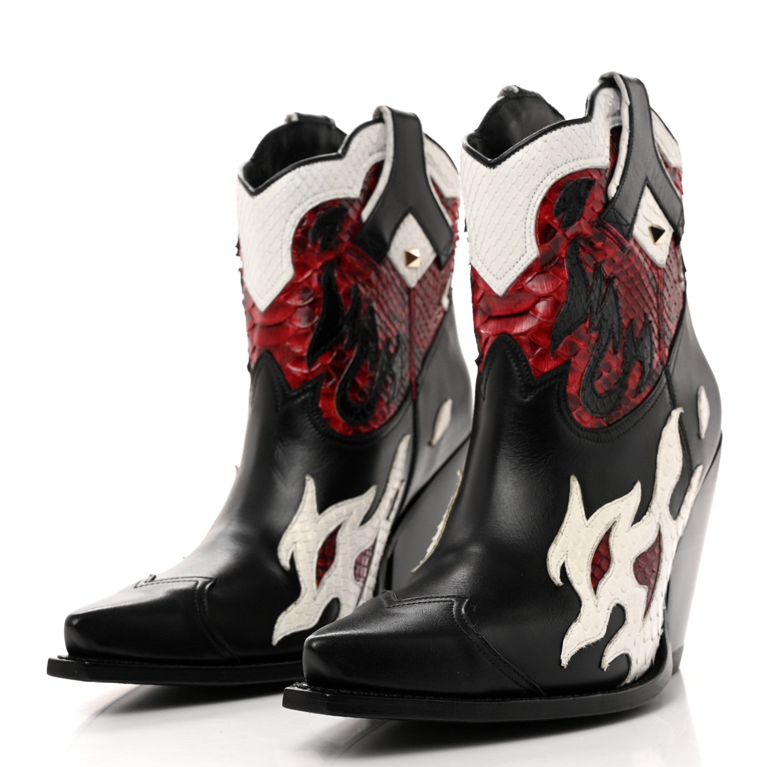 Valentino Garavani Calfskin Snakeskin Flames Western Cowboy Ankle Boots 37 Red White Black 3 of 8