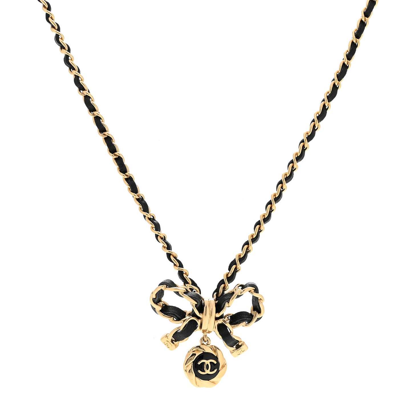 Metal Lambskin Chain CC Bow Necklace Black Gold