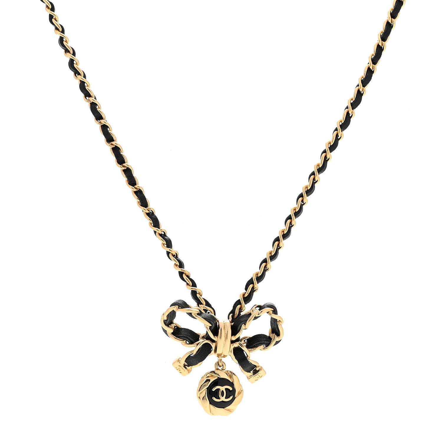 Chanel Metal Lambskin Chain CC Bow Necklace Black Gold 1 of 7