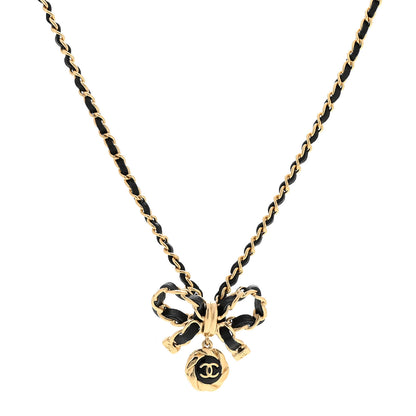 Chanel Metal Lambskin Chain CC Bow Necklace Black Gold 1 of 7