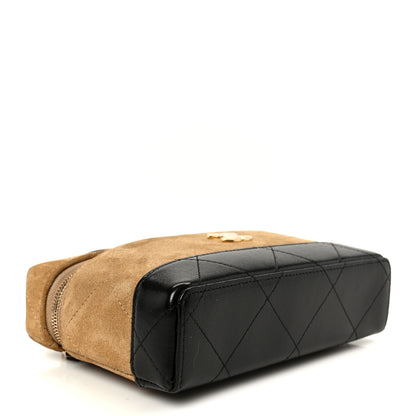 Chanel Suede Calfskin Shiny Lambskin Stitched Top Handle Slim Vanity Case With Chain Beige Black 4 of 10