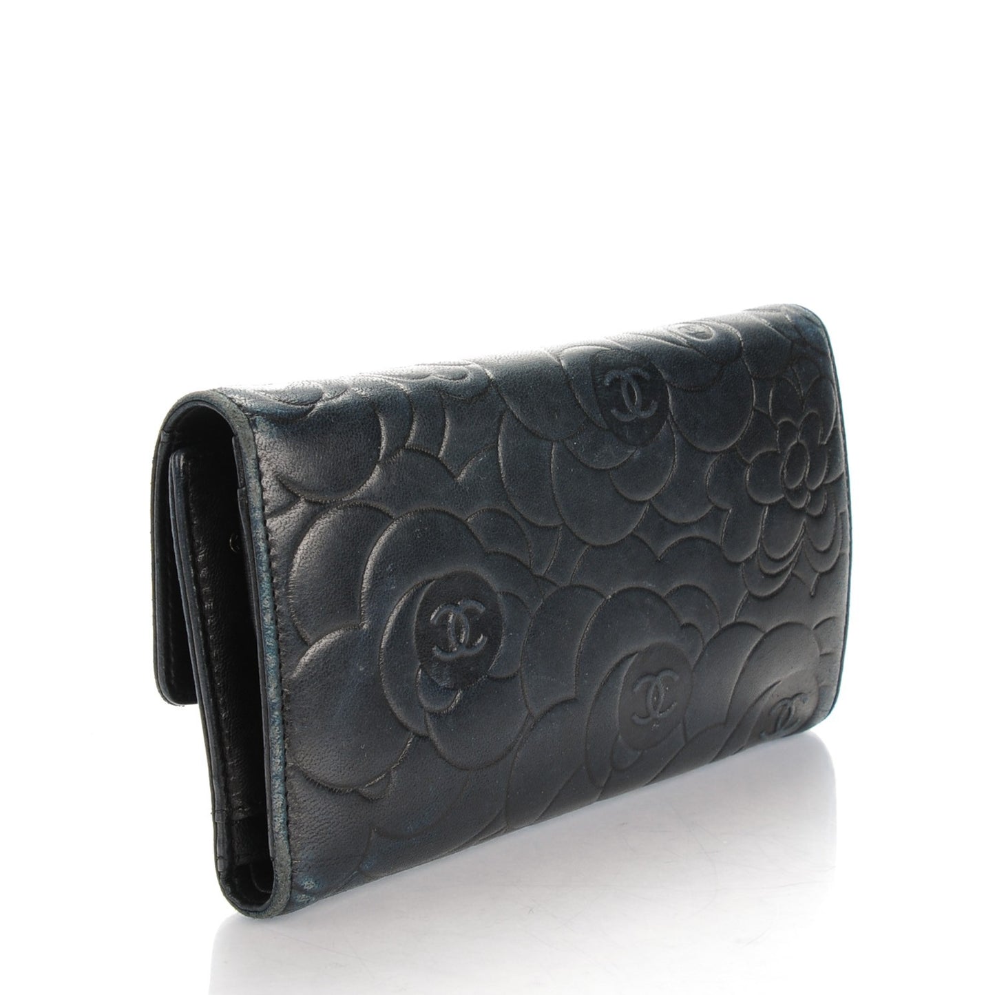 Lambskin Embossed Camellia Flap Wallet Black
