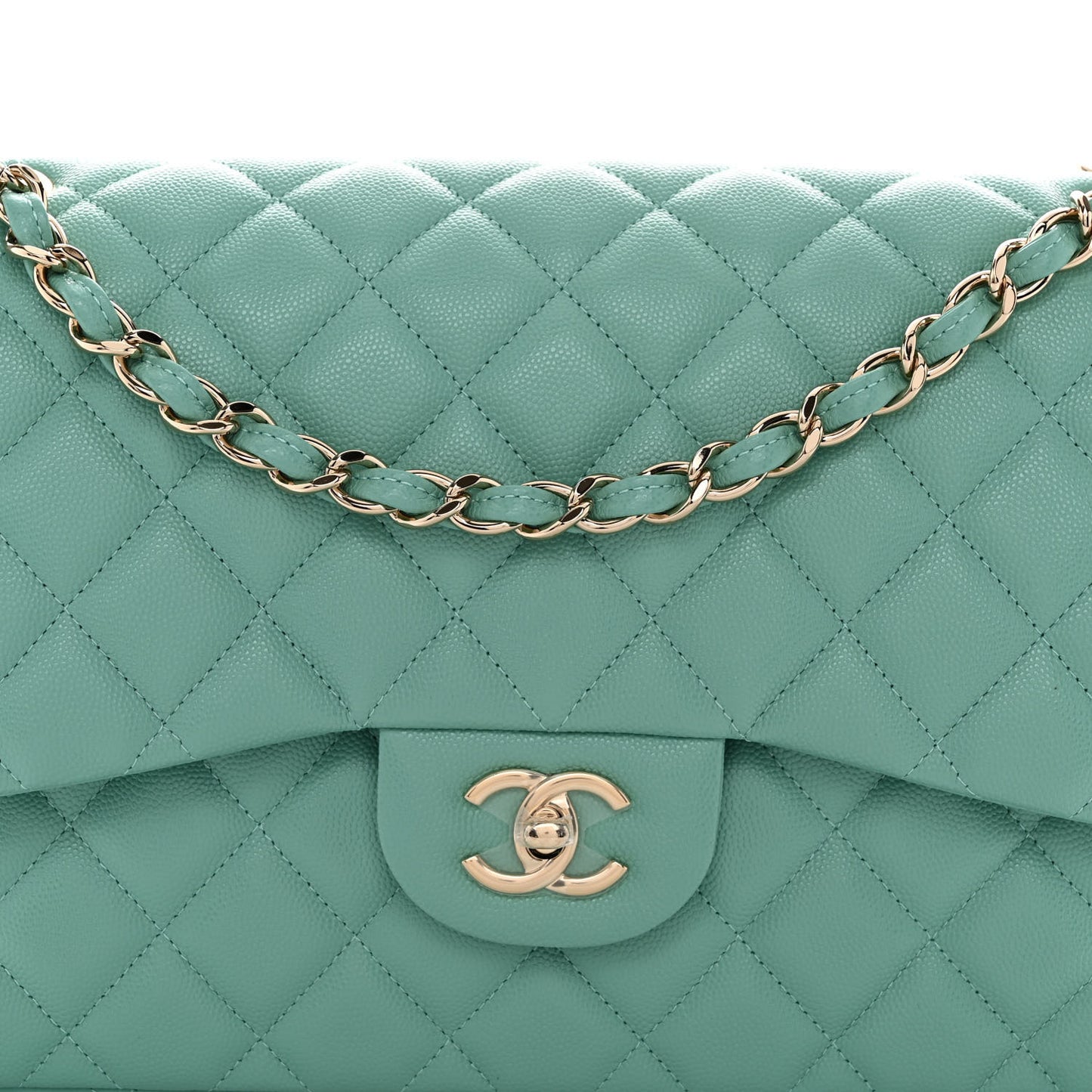 Caviar Quilted Jumbo Double Flap Light Green