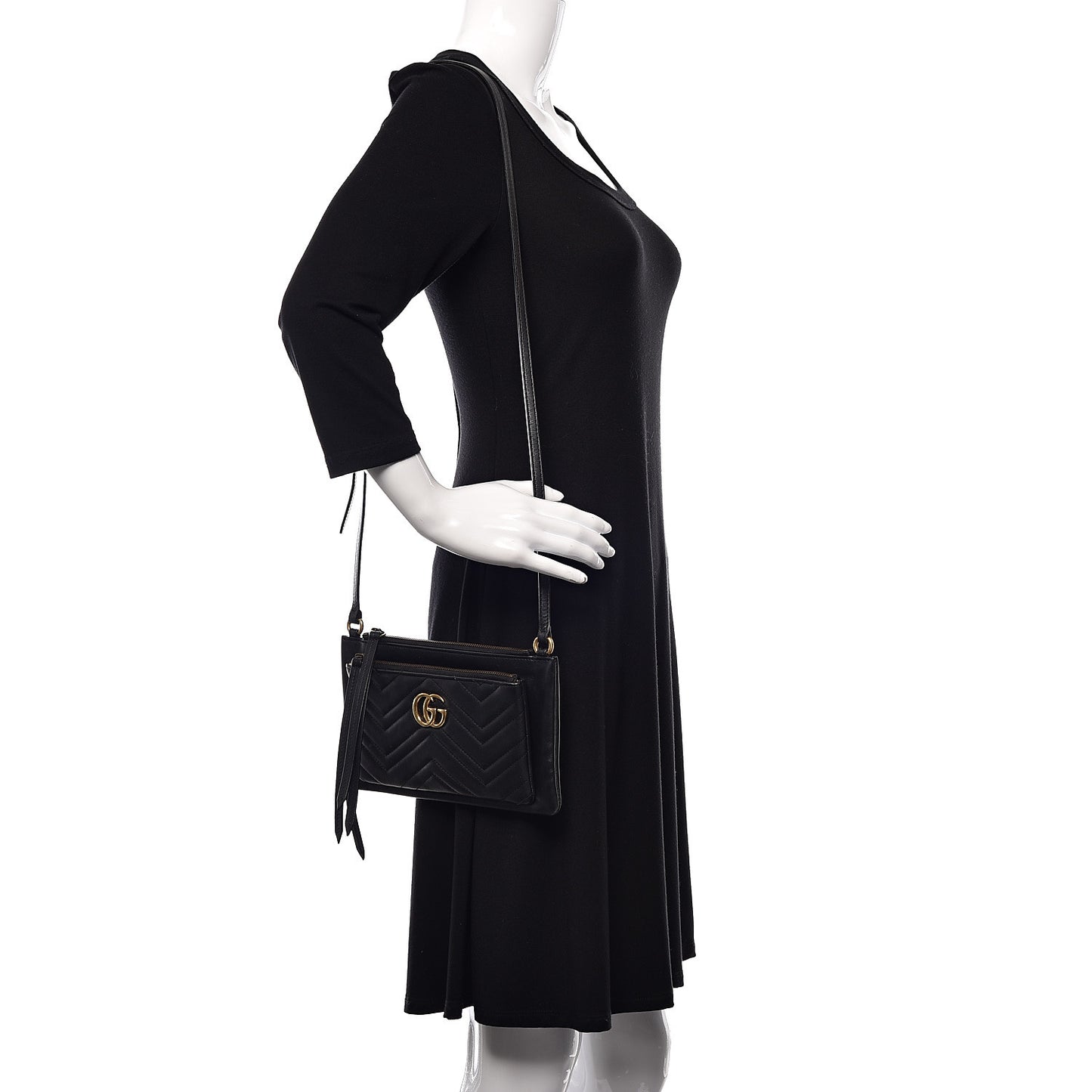 Calfskin Matelasse Small GG Marmont Double Zip Shoulder Bag Black