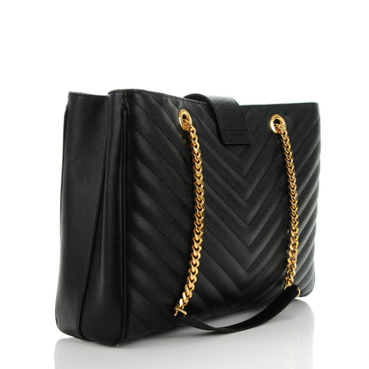 Saint Laurent Grain de Poudre Matelasse Chevron Monogram Shopping Bag Black 3 of 8