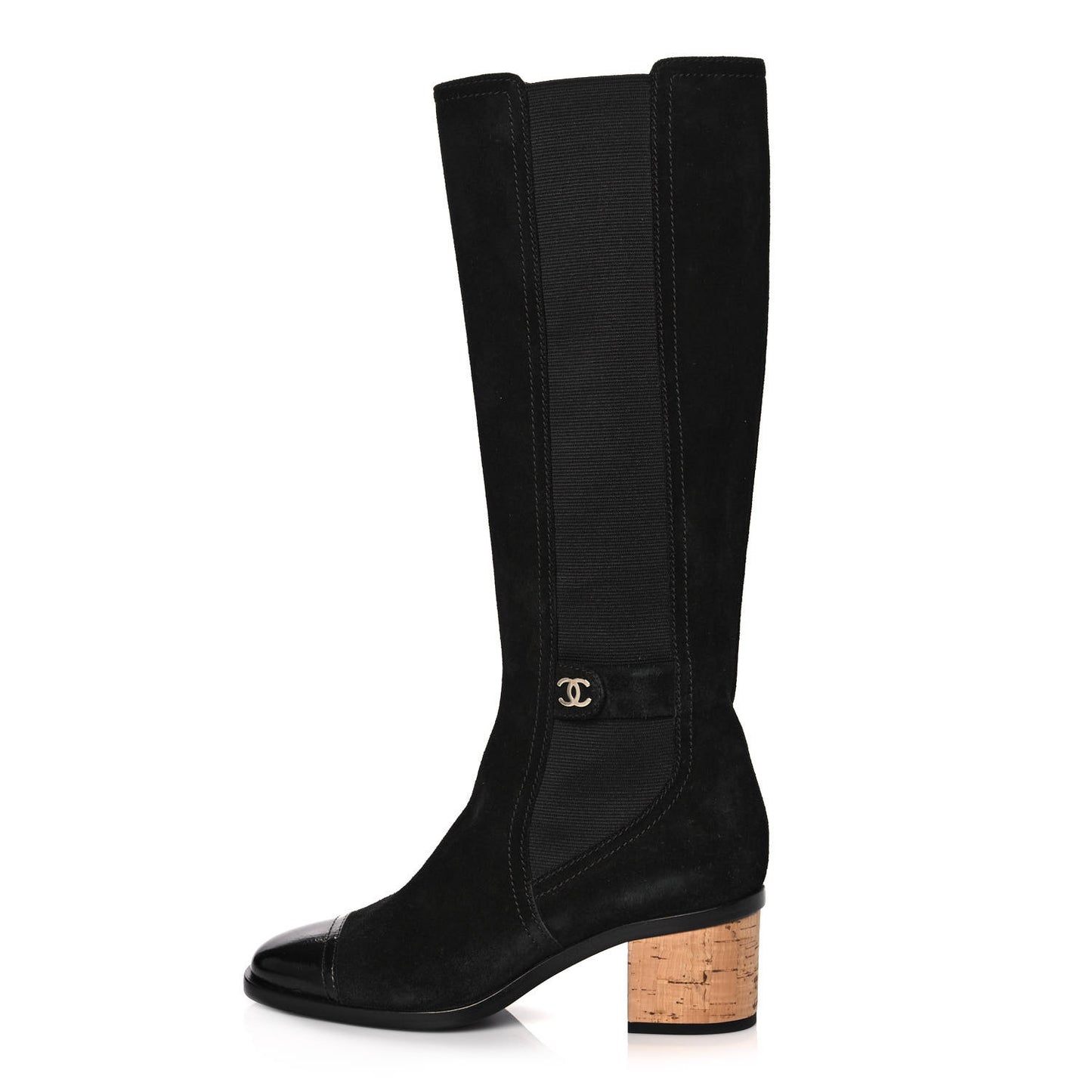 Suede Patent Calfskin CC Cork Cap Toe Tall Boots 38 Black