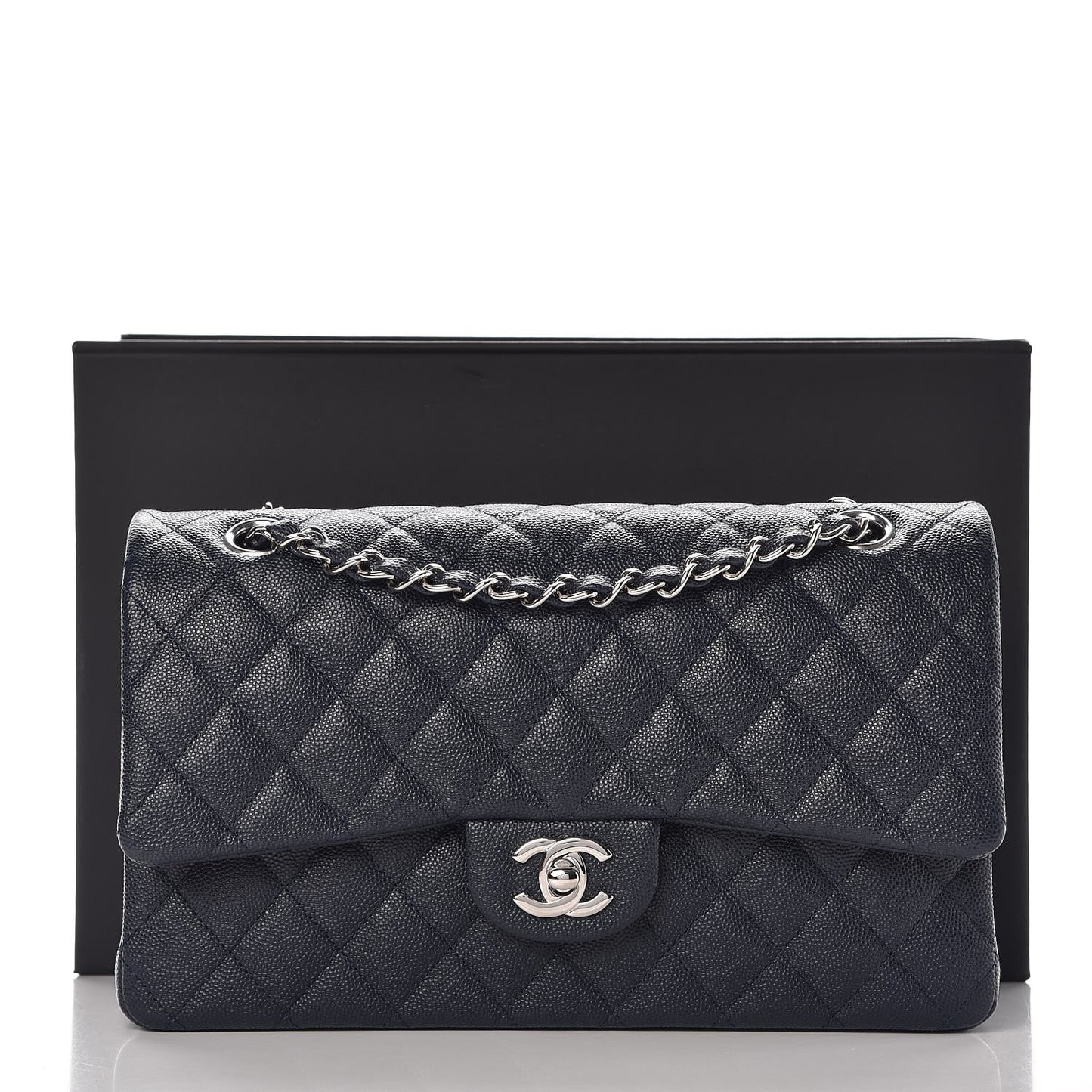 Caviar Quilted Medium Double Flap Navy