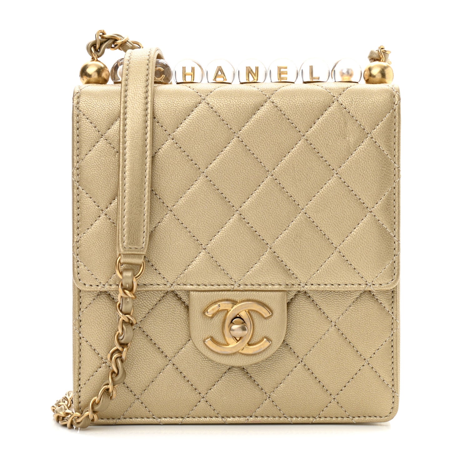 Metallic Goatskin Quilted Chic Pearls Flap Gold