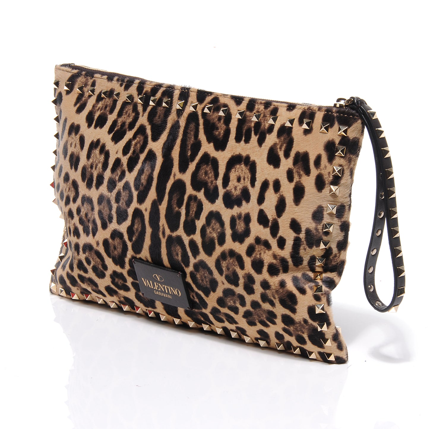 Calf Hair Leopard Print Rockstud Zip Wristlet Pouch Leopard