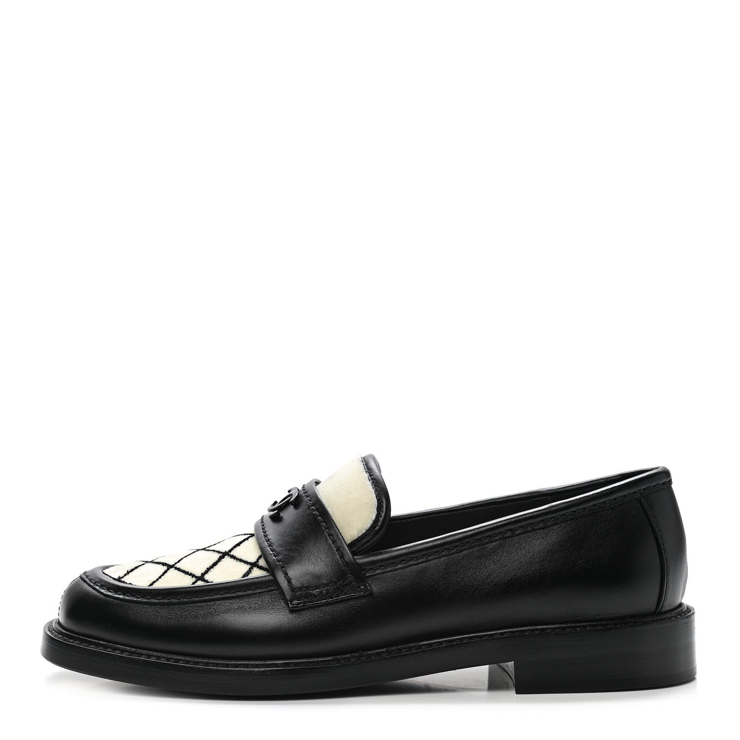 Chanel Calfskin Fabric Embroidered Quilted CC Loafers 37 Ivory Black 1 of 9