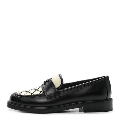 Chanel Calfskin Fabric Embroidered Quilted CC Loafers 37 Ivory Black 1 of 9
