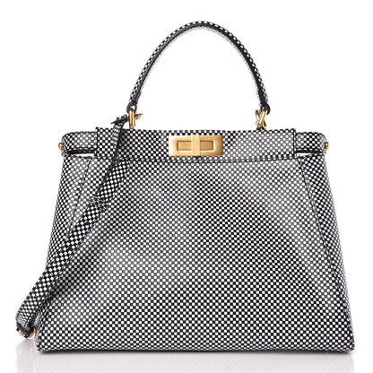 Fendi Pequin Checkered Medium Peekaboo Iconic Satchel Black White 3 of 9