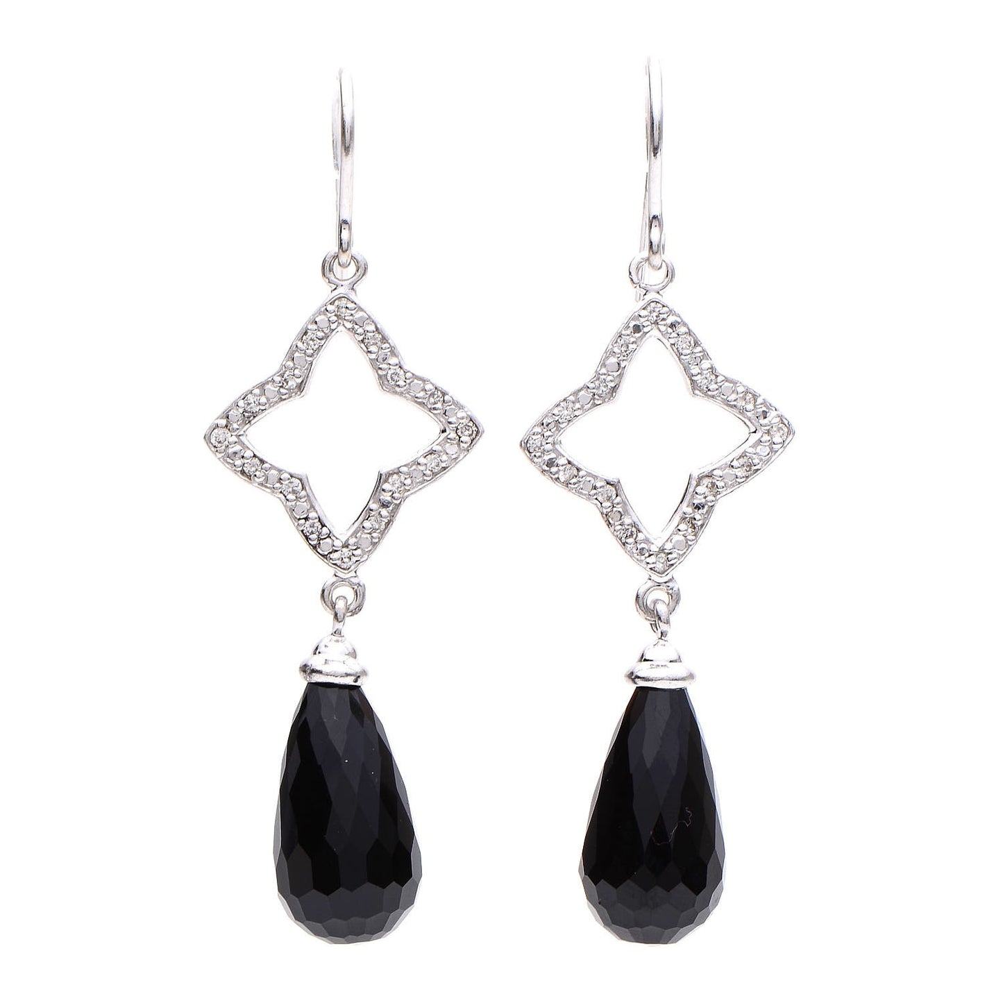 Sterling Silver Pave Diamond Quatrefoil Onyx Drop Earrings